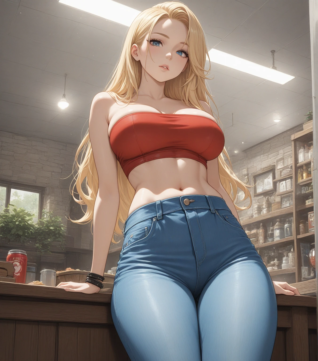 One girl, solo, Big round breasts, clevage, curvy, amazing body, realistic, blonde hair, light green eyes, amazing big eyes, eye details, eyebrow details, white crop top, denim skirt, big lips, blush, confident, dominant, bdsm, smirk, naughty, mischevious face, HD, good quality, crop top, curvy, standing up, lounge area