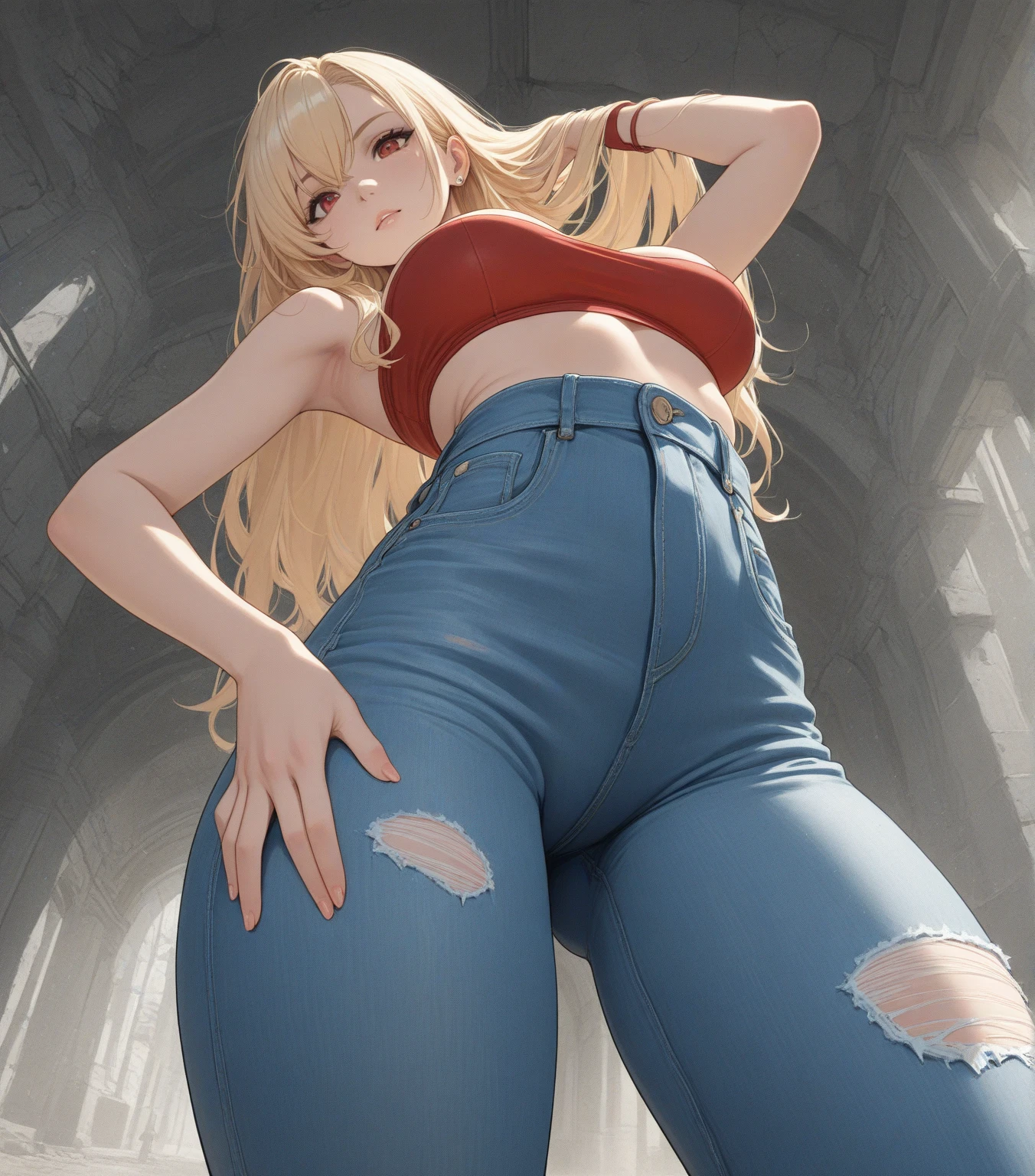 nsfw, masterpiece, best quality, high resolution, 3girls at the age of 20 year, (blue jeans pants), full body, (topless), (barefoot), blush, worried, open mouth, restroom, ((((((big pee stain))))))