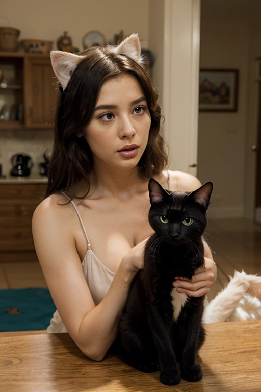 A girl,with black dress,winged there is a black cat,The cat has a pirate hat,The cat is small,There are many kittens