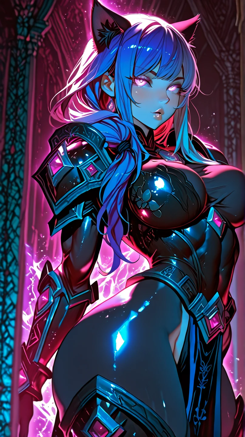 best quality,4k,8k,highres,masterpiece:1.2),ultra-detailed, extremely detailed eyes, extremely detailed body, (large masterpiece digital art), (detailed manga illustration), (detailed line art), ((perfect anatomy)), (intricate details:1.3), (ultra-detailed:1.3), (illustration:1.3), (sharp focus:1.3), (natural lighting:1.05), (vivid colors:1.3), (masterpiece), best quality, expressive eyes, perfect face, 1 girl, breasts, gloves, large breasts, {blue hair}, medium hair, wavy hair, (gray eyes), hourglass physique, huge ass, dynamic pose, dynamic lighting, fur trim, glowing, crystal, helm, helmet, armor, ((full armor)), cuisses, shoulder armor, belt, hand guard, boots, glove, particles stream, creationmagic, ethereal creation, Magic Circle, glowing, crystal, jim lee, Brazilian woman, hair bun, fur trim, jewelry, crystal, wild energy, cinematic lighting, heroic atmosphere, Beautiful woman, Atey Ghailan, Jeremy Mann, Greg Manchess, Antonio Moro, trend in ArtStation, trend in CGSociety, Intricate, High Detail, Sharp focus, dramatic and photorealistic painting art by Midjourney and Greg Rutkowski, Marvel Cinematic Universe style, (((mystical gothic castle in the background))), crystal sword in hand,