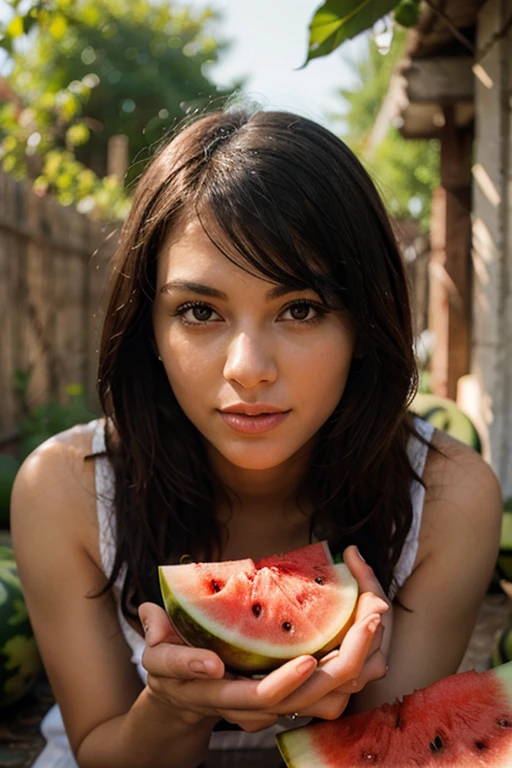 naked woman , aged between 16 and 17 years old sitting on a cucumber