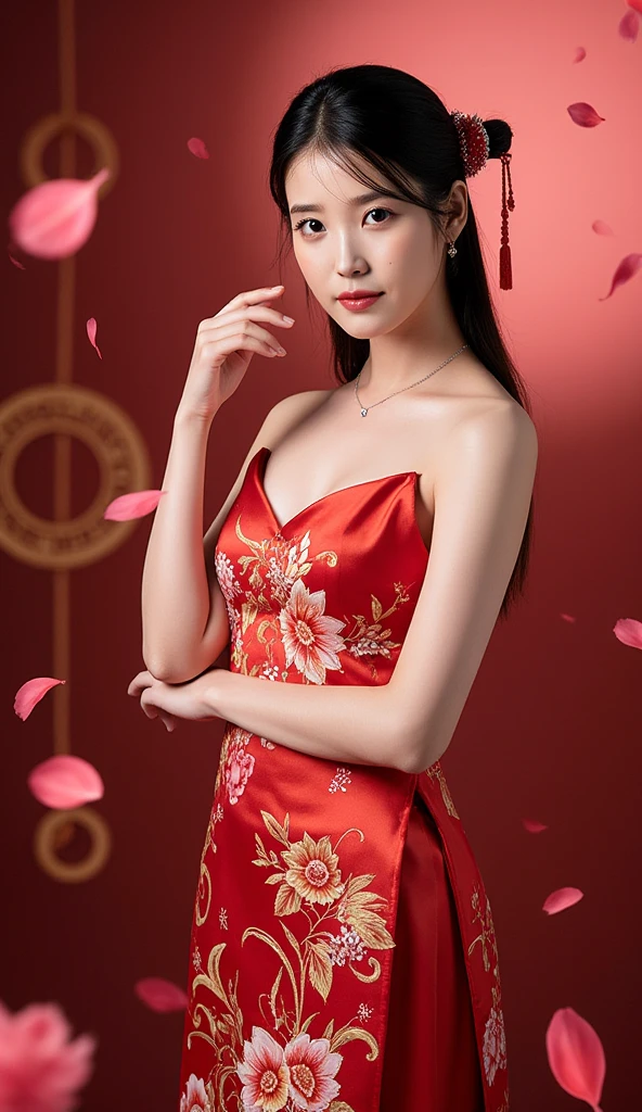 ((full-body, cinematic-shot)),(best quality,4k,8k,highres,masterpiece:1.2),ultra-detailed,(realistic,photorealistic,photo-realistic:1.37),(((1girl))),(18years old),[the face is combination of (((irene1:1.2))) and (((Excella_er5:1.2)))],(sharp focus:1.5),pearl skin,(skin pores:1.1),extremely detailed face and skin texture,(skin texture:1.1),black hair,tall and slender body,(192cm tall),thin and delicate figure,graceful posture,strong and defined muscles,flawless skin,defined abs,perfect curves,feminine appearance,beautiful long legs,embodying elegance and beauty,cleavage breasts,((wearing a red color dress:1.3)),(no panty),(ultra-short minidress),vibrant colors,extremely detailed and realistic (red) clothes,(film grain:1.3),official art,(beautiful and aesthetic:1.2),extremely detailed,(fractal art:1.1),(colorful:1.4) (flowers:1.3),highest detailed,(zentangle:1.2),(abstract background:1.3),(shiny skin),(many colors:1.4),(earrings),
