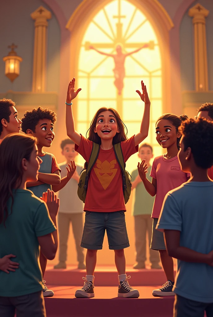 Make us a banner or logo called unido warriors emphasizing values education and faith to god there must be seven students standing three boys four girls under raise a girl standing in front as a leader