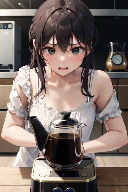 Highest Resolution,Highest quality,A crying beautiful girl in a nude apron drinking water from a plastic bottle,kitchen,Tears,Open your mouth and drool,whole body,front,Sweat profusely,Beautiful eyes,Lots of saliva,Black hair ponytail,