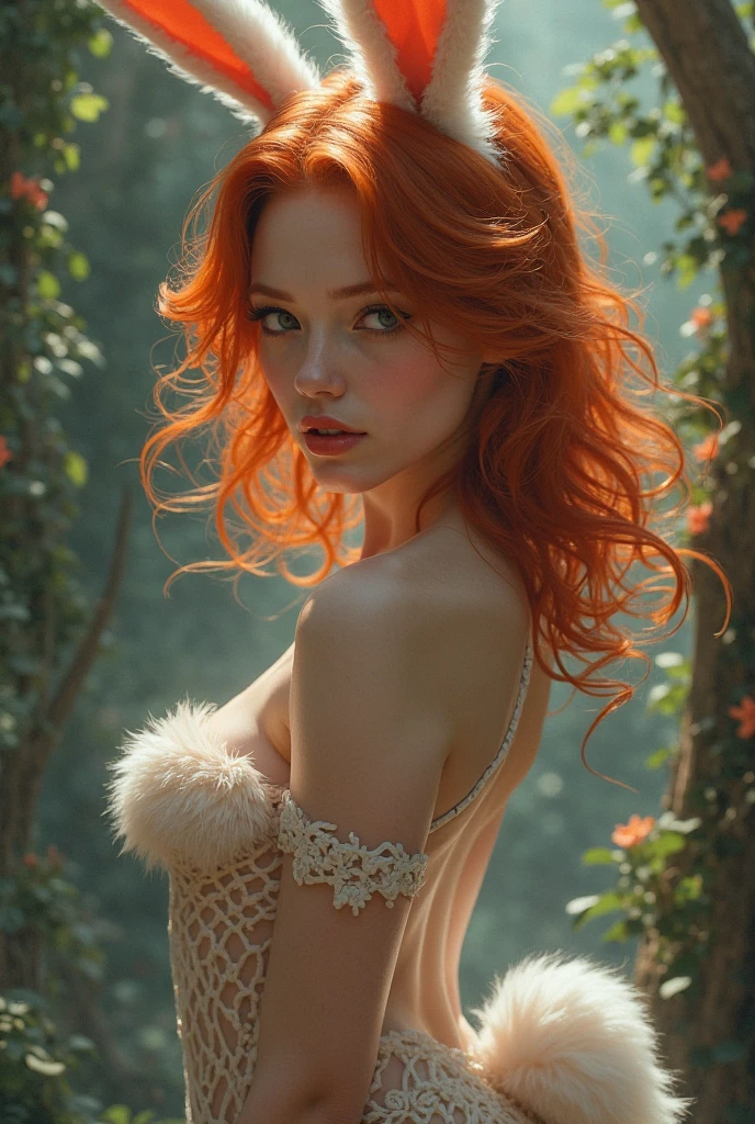 25 year old woman with waist length copper colored hair, White skin, green eyes, fox ears, Fox tail, full frame in the forest, full length, in a transparent red robe, From top to bottom, Breast exposure, nude body, beautiful detailed eyes, beautiful detailed lips, extremely detailed eyes and face, long eyelashes, high quality, 8 thousand., hyperrealistic, photorealistic, physically based rendering, bright colors, studio lighting, complex parts