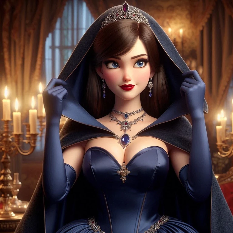 a gorgeous 10 year-old girl, blue satin dress, white satin cape, hood, dreamy smirk, extremely detailed, 4k, perfect face 