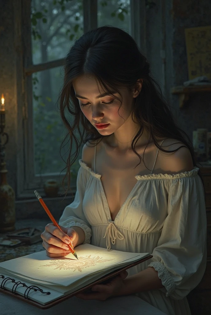 "A girl with divine inspiration writing on parchment with a feather quill, a dimly lit room with a lightbulb turning on, inspiring quotes written in chalk on a blackboard. (best quality, 4k, highres, masterpiece:1.2), ultra-detailed, realistic:1.37, HDR, studio lighting, vivid colors, sharp focus, bokeh, portraits, vintage color palette, soft lighting.": size 1800 x 500