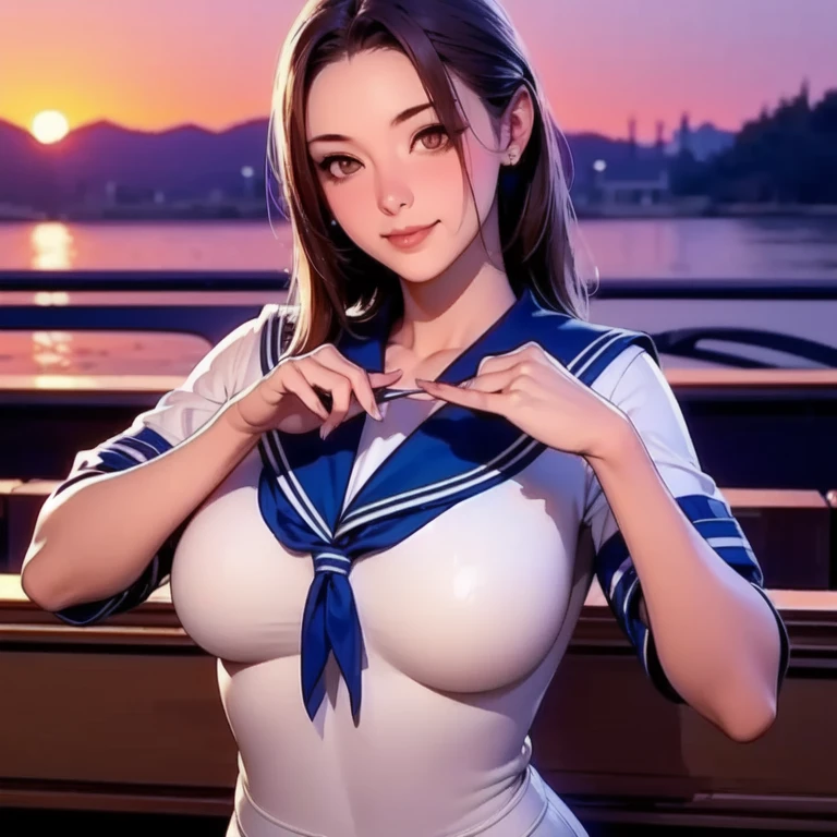 (High quality, High resolution, Fine details), Realistic, (navy), Sail ships, prow, Sunset, Sparkling water, white clouds, Solo, Slim woman, navy sailor hat, navy blue sailor uniform, Braided hair, Sparkling eyes, (Detailed eyes), Smile, Sweat, Oily skin, covered gigantic breasts, Hi3GB