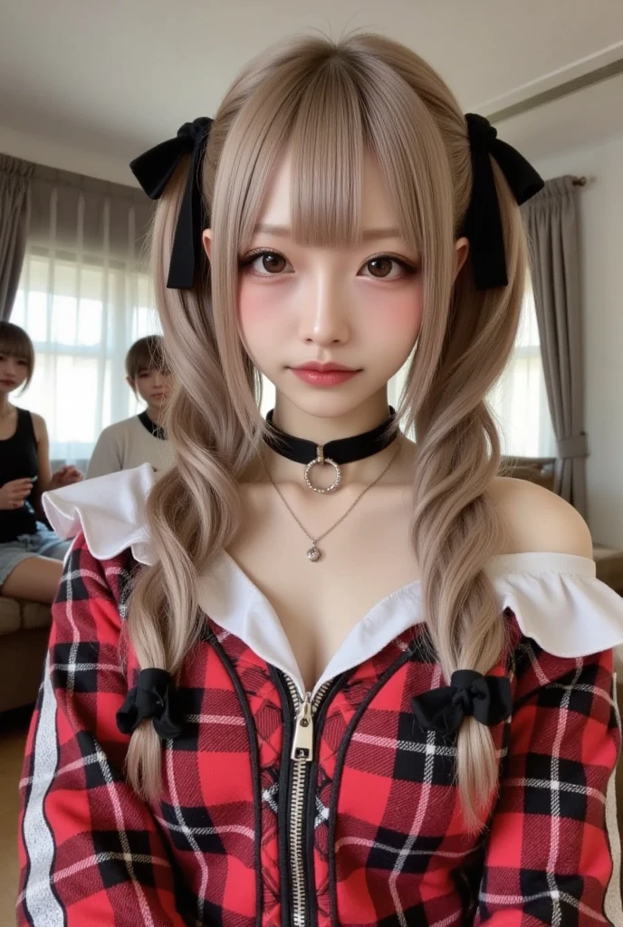 8k、Highest quality、masterpiece、(head shot:1.35)、(30 years old)、1 Pretty Woman、round face、Idol face、(Flat Chest、slim、Flat Body:1.23)、Platinum Hair、Twin tails、Black Gothic Lolita outfit、Black ruffled dress、Holding a stuffed toy、Woman in the Forest、Red ribbon hair clip