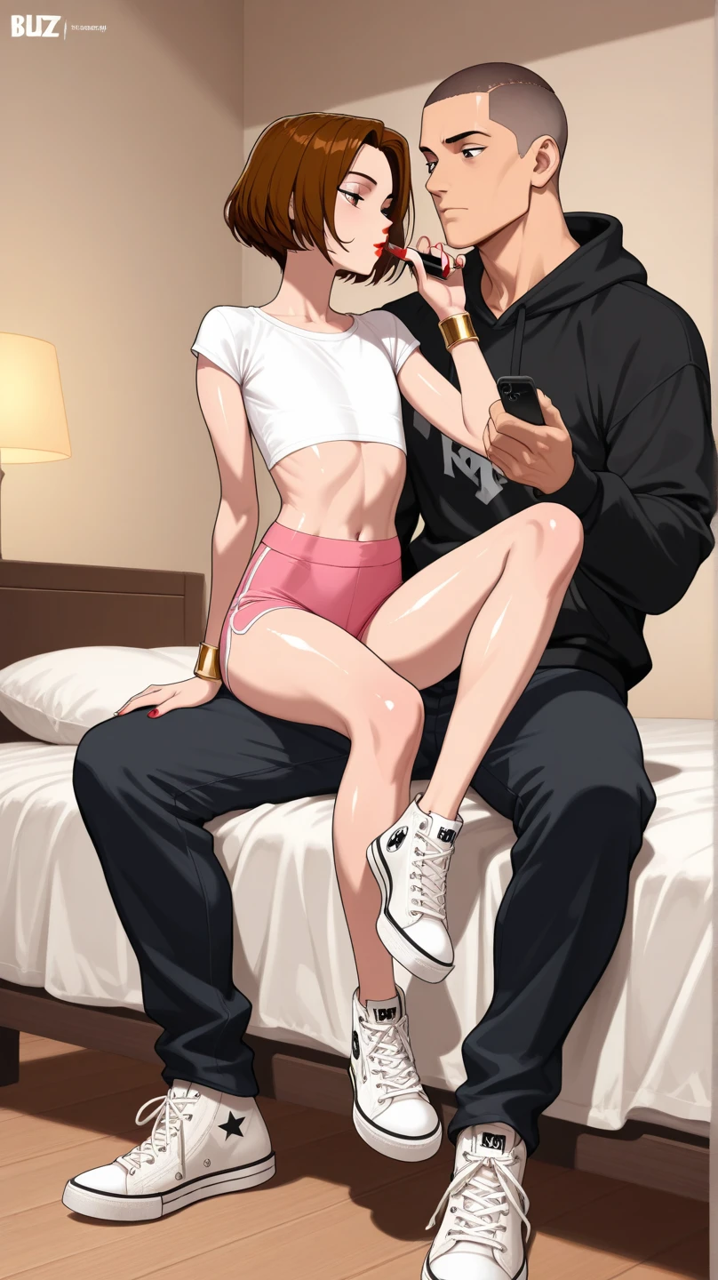 , crying, tongue out, hands around neck, hard nipples, tiny breasts, cumming, brown, black short hair, pussy out, wet, bedroom, getting molested by man, getting raped by man, getting fucked in the pussy by man, showing pussy, gym shorts on her leg