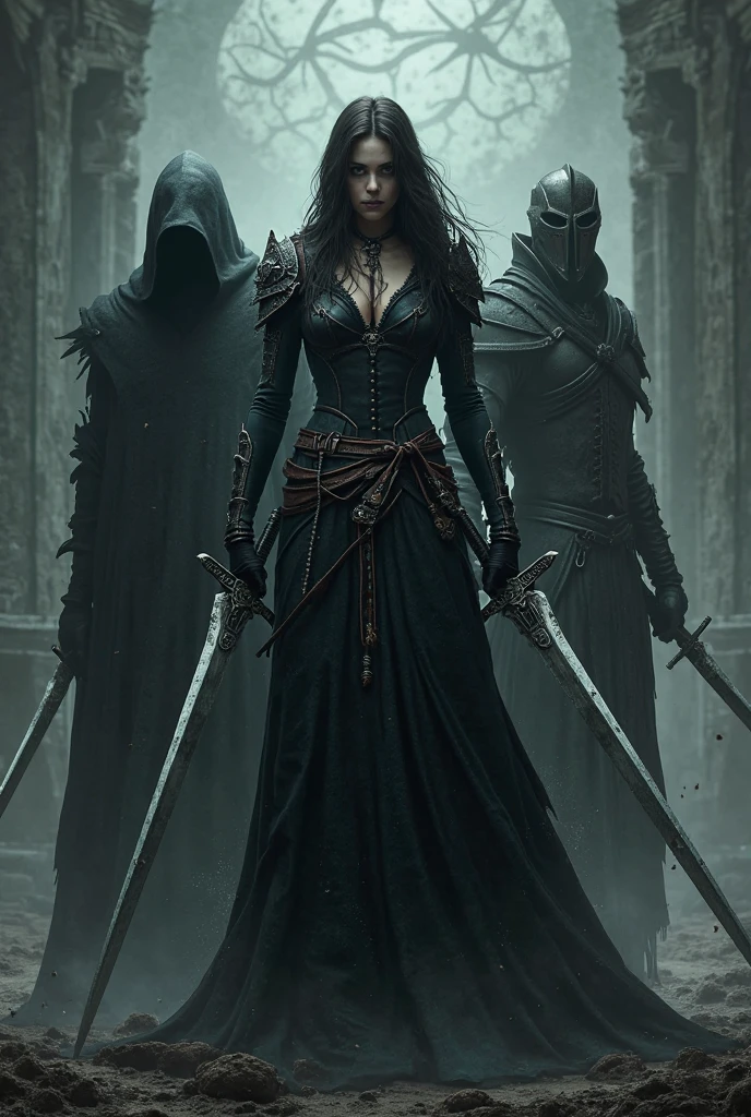 The image shows a scene with a woman being escorted by two armed men in medieval-style armor. The woman is gagged, with her hands bound in front of her, and she is being held on either side by the men. The men are wearing dark, heavy armor with masks covering their faces. The setting appears to be a forested area with bare trees, suggesting a colder season. The scene gives a sense of captivity or abduction.
