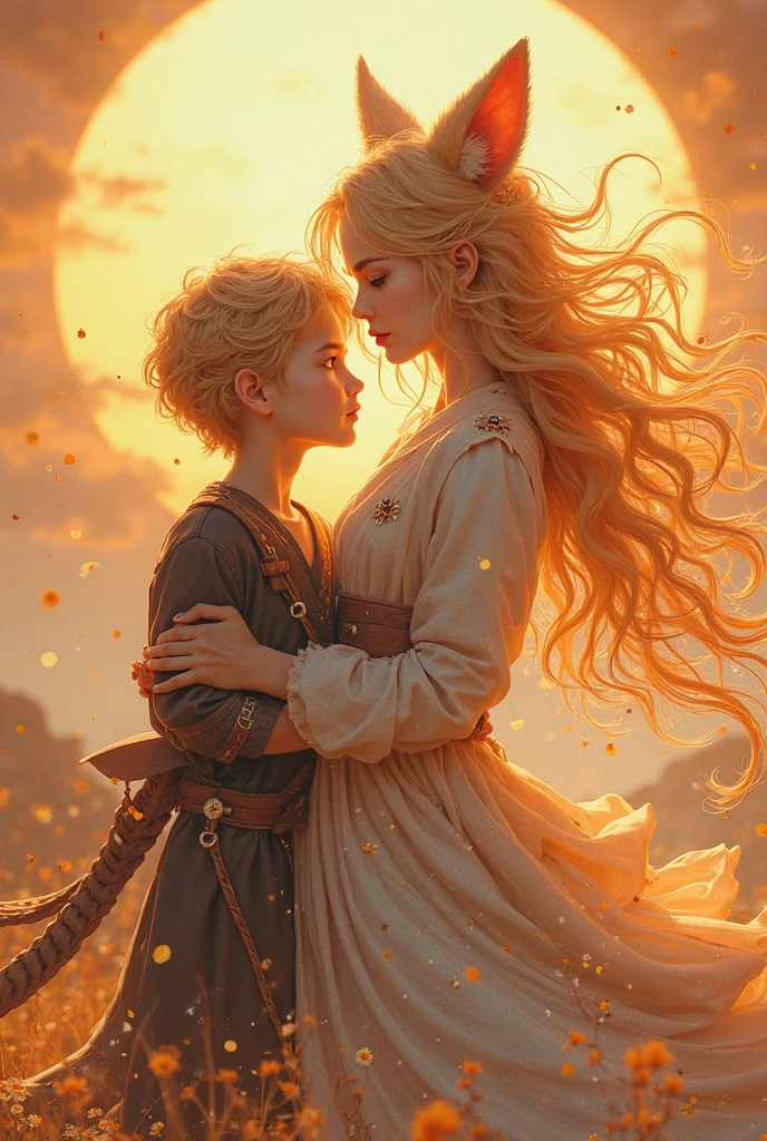 The boy with black hair and red eyes, he is beautiful and cute, dressed in royal attire, is looking up at a taller boy with long golden hair and golden eyes, who is handsome and masculine. The boy with golden hair gently tucks the black-haired boy's hair behind his ear while gazing at him and smiling affectionately.
