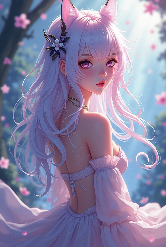realistic 1girl white hair purple eyes glowing eyes crop top skirt parted lips blush night flower Sun sunlight bigboob