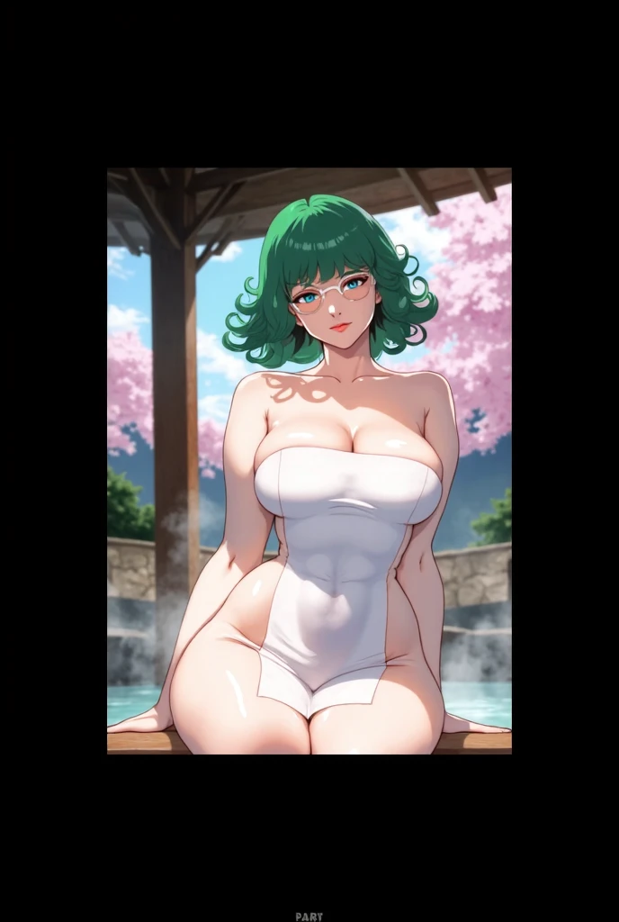 NSFW, (girl),((optimal quality)), ((Masterpiece)), (A detailed: 1.4),face red,perspire,showing niples, fully naked,The ultimate masterpiece,(fidelity:1.2),(sexy),open air bath, (Huge chest), Open crotch, Open legs, (Smooth: 1.1), (Cutes: 0.9), (shiny: 1.1). Green short hair,, red lips, green eyes, lust face, tatsumaki from one punch man, naked, cute pose, dark green super small tight bikini thong, g string, beautiful big natural tits