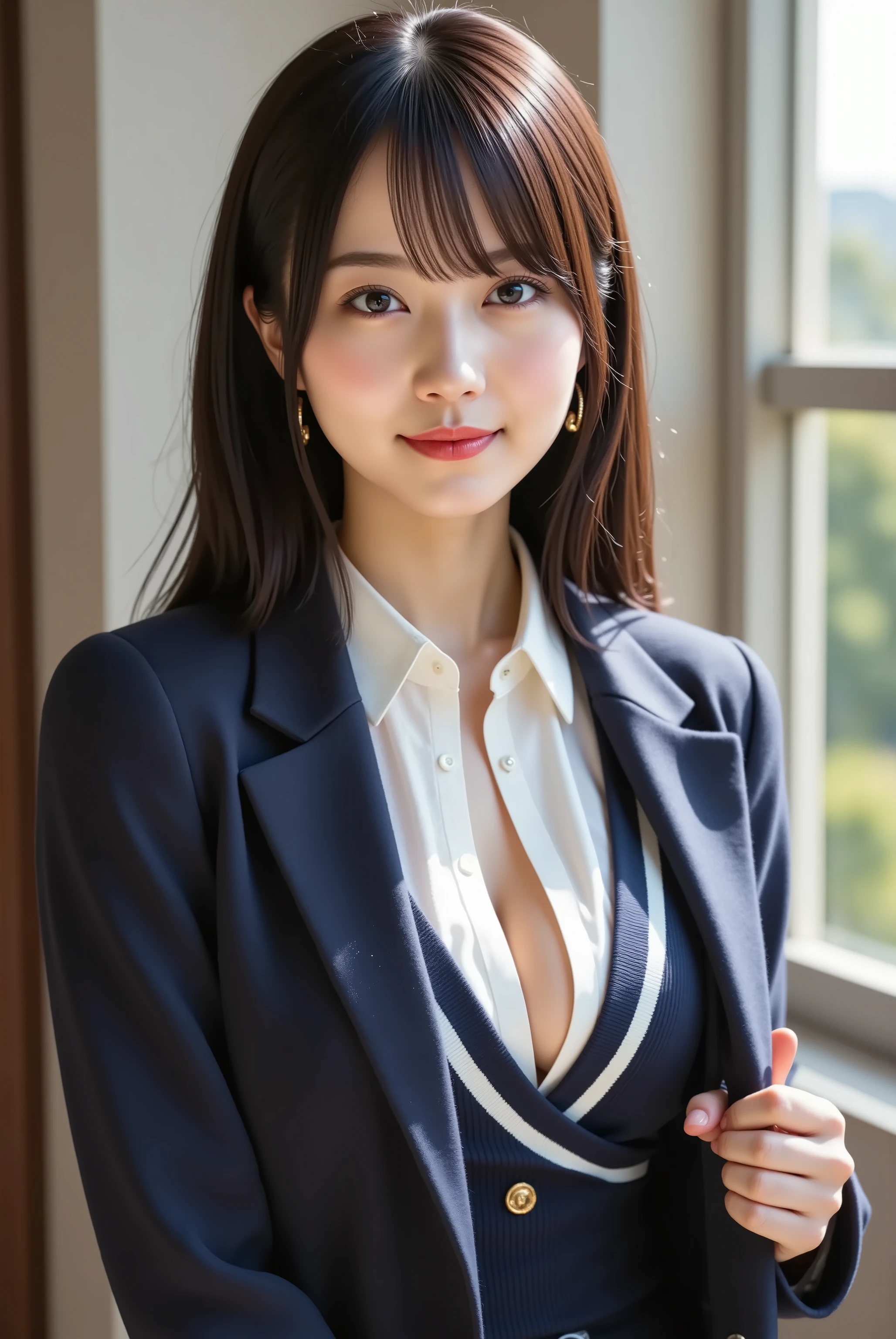 Subject: a slender realistic female with pumped firm full breasts and a wide, deep, boldly emphasized cleavage, wearing a crisp white collared shirt beneath a navy V-neck sweater vest trimmed with white stripes, layered under a tailored navy blazer bearing a gold circular lapel emblem, paired with a pleated mini skirt resting just at her hips, accessorized with delicate gold dangling earrings; each hair strand rendered in photorealistic detail, her long straight dark brown hair meticulously parted at the center, individual wisps framing her face and flowing over her shoulders, Medium: digital art, Style: photorealistic cinematic, Composition: half-body bust-up view from slightly elevated angle capturing her head, neck, and upper torso, her slender neck elongating into gently sloping shoulders, collarbones subtly highlighted through the V-neck, head tilted slightly to the right with chin softly lowered, direct warm gaze engaging the viewer, right shoulder pushed forward and left shoulder drawn back to accentuate her chest volume and create an elegant S-curve in her posture, her right hand delicately resting on her blazer lapel with fingers gently curved and thumb brushing the fabric, left arm hanging naturally at her side, subtle breeze suggested by the faint movement of stray hair strands and the slight lift of her blazer lapel, shallow depth of field isolating her against a softly blurred interior space with muted tones, Lighting: soft natural window light streaming from the right side, creating gentle highlights on her cheekbones, collarbones, and the contours of her breasts, with a thin rim light outlining the edge of her hair and shoulders, Color Palette: cool neutrals of navy and white contrasting with warm skin tones, Mood: calm, confident, professional atmosphere