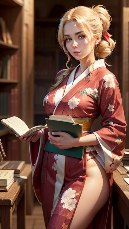 Masterpiece, Best Quality, (((Solo mature woman Janet))), (((platinum blonde hair))), long braided Ponytail, (((wide hips))), (((light blue eyes))), full lips, seductive smile, cleavage, sitting on wooden throne, (((bookshelves, candles))) sunset, blushing, , "beautiful mature face" , age30 , MILF , adult ((open kimono with detailed patterns of gold)), bare shoulder, ((Sexual suggestiveness)), perfect beautiful eyes, detailed eyes. thick lips, ((big boobs)), (Thick thighs), top down, looking down, (((shiny skin))), (((chubby))), (((crystal Ball)), necklace, bracelets, hoop earrings, (((European Face))), ((Oiran)), Japanese Clothing, Boobplate, obi, intricate, eye shadow, floral print, hairpin, lipstick, make-up, red lips, sarashi, kiseru, kanzashi