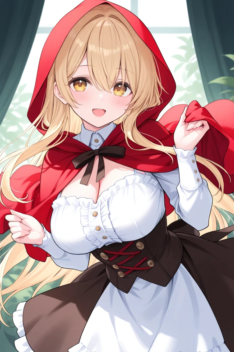 masterpiece, Highest quality, 8K, Little Red Riding Hood, Full body portrait, Precision, Blonde, Braid, One eye is hidden, ((Big Breasts)), My breasts are swinging side to side, Cleavage, blouse, Frills, apron, mini skirt, flare skirt, ((Darker, knife, Two-Way, Holding a weapon in each hand, Cross your arms in front of your chest)), ((Light forward lean, Facing forward, Running towards the front)), Powerful movement, dynamic, Follows the wolf, giant white wolf, in the forest, dim