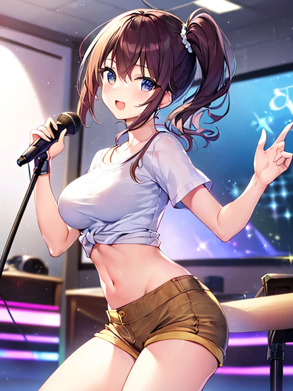 1 woman, alone, 8K, masterpiece,, Masterpiece, 8ก, (big breasts:1.5), Cute face, , look at the audience., Stationary face , (nipple:1.6), (hairy:1.3), blue panties, (Pee:1.3)
