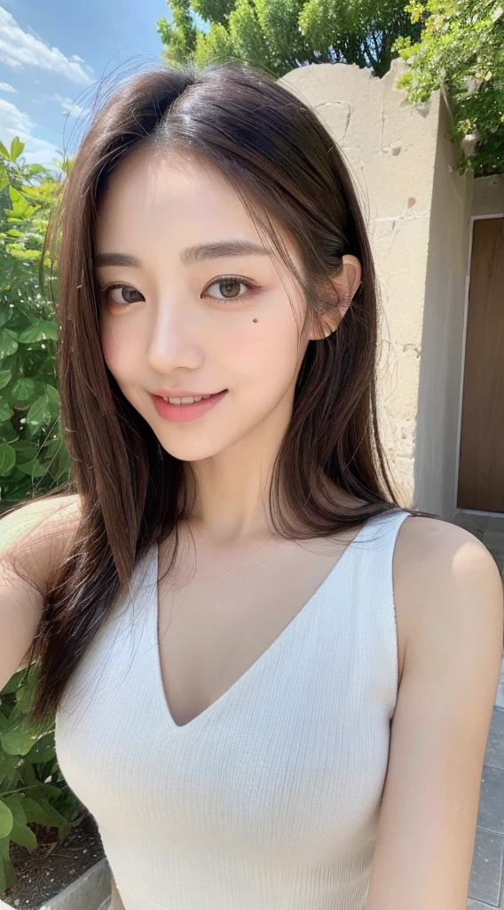RAW Photos、masterpiece、Highest quality、Realistic、超High resolution、High resolution、16k wallpaper、Very detailed、Finer details、Cinema Lighting、In front of a white wall outdoors、In front of a white wall、Selfie of a 20 year old woman、Plus Size、Plus Sizeモデル、Realistic Skin、Natural skin texture、((Dark Eyes))、A shy smile、(Medium long hair)、(Grey Dress:1.3)、(Grey Dress)、Yoshitomo Nara, shikamimi, Chiho, mayuri shiina, Realistic young gravure idol, beast, , Kotegawa Yui, 8k、narumi kakinouchi