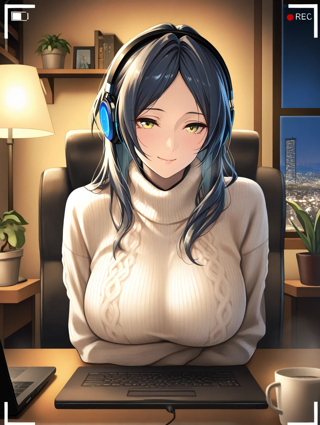 Masterpiece,Highest quality,8k,Ultra-high resolution,appropriate margins,Flawless2Book Arms,Flawless5本の指,Flawless人体,Flawless瞳,((Cowboy Shot)),BREAK,Bright expression,(1 person),(The most beautiful woman),Slim body,((The most extraordinary breasts)),Cleavage,Moisturized Skin,Fair skin,BREAK,((Navy Blue Hair)),Long Hair,Side part,BREAK,Thin eyebrows,BREAK,Green Eyes,BREAK,(Distributor),(Loungewear),(Sweatshirts),(Linen shorts),(Headphones),BREAK,Make eye contact with your audience,Embarrassing,((Streaming from a gaming chair on a PC)),Streaming Room,