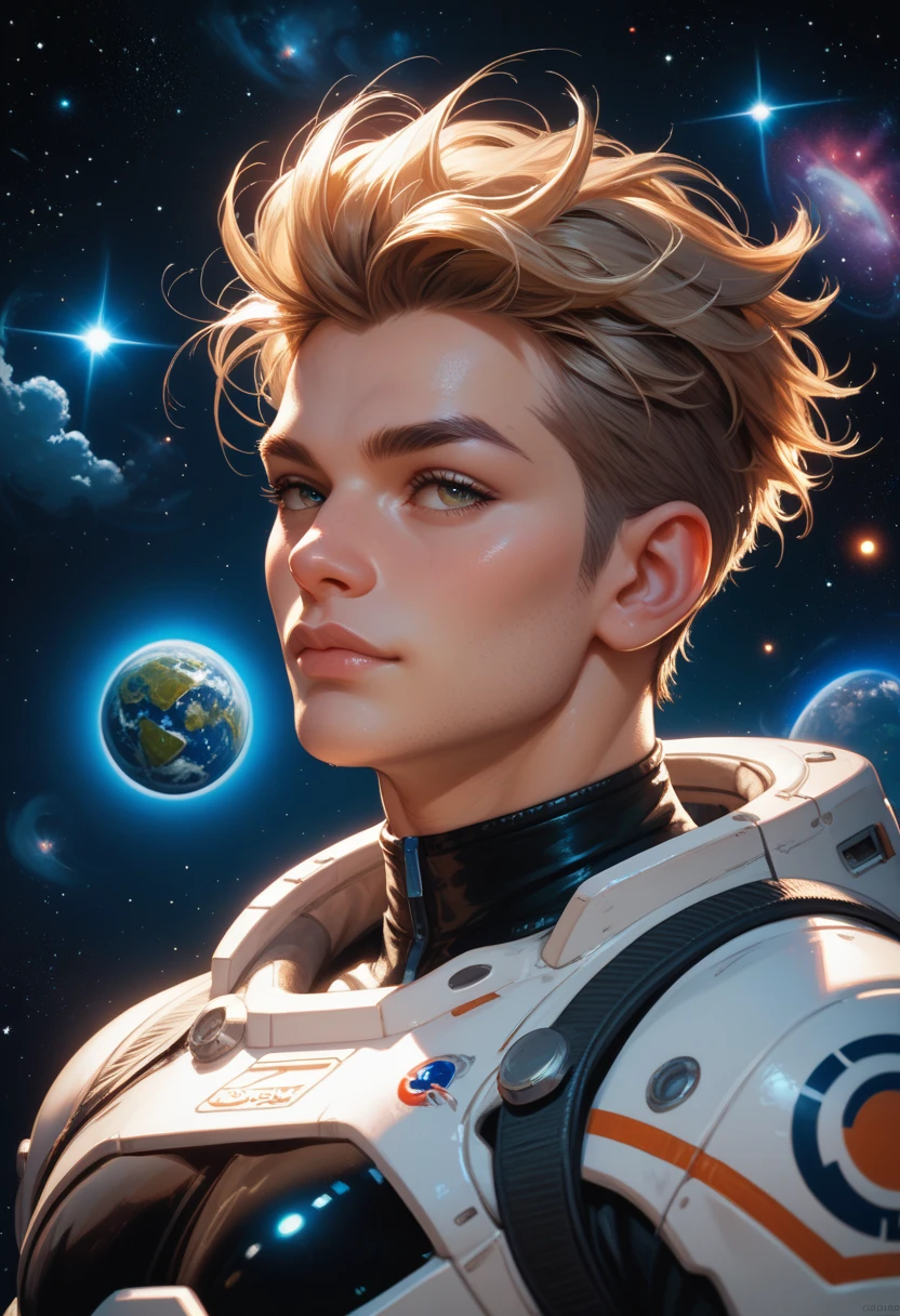 (Cute very feminine gay queer male 1.4), femboy, wearing a space officer uniform while inside a starship, he is blonde and has short hair, (he is smiling sweetly while showing his teeth and widening his eyes 1.3), his eyes are big and cute, his lips are meaty and glossy, his skin is slightly pale, he is short and has a (petite female frame 1.3).