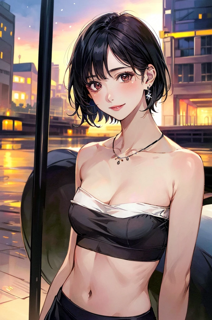 Tabletop, highest quality, Photorealistic, In detail, High resolution, 8k wallpaper, Perfect dynamic composition, Sharp focus, Surreal, Beautiful fine details, Pixie Cut Hair, Big ample breasts, Random sexy poses, Put your chest together, (Beige tight O-neck knit tank top, Black lace high cut panties), (Thighs), (Breast bulge:1.2), (grin), Open your mouth, Resort scenery, 45 years old, (drooping eyes:1.4), Adult Beauty, Japanese, simple chain necklace