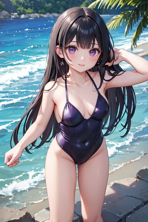 １girl,, Young, Swimsuit, V-shaped swimsuit, Swimsuit with very little fabric, Obscene swimsuit, Obscene design, Lots of skin exposure, Exposing navel, No underwear except for ultra-thin V-front micro plunge, ((Only ultra-thin V-front micro plunge)), ((Only black ultra-thin V-front micro plunge))