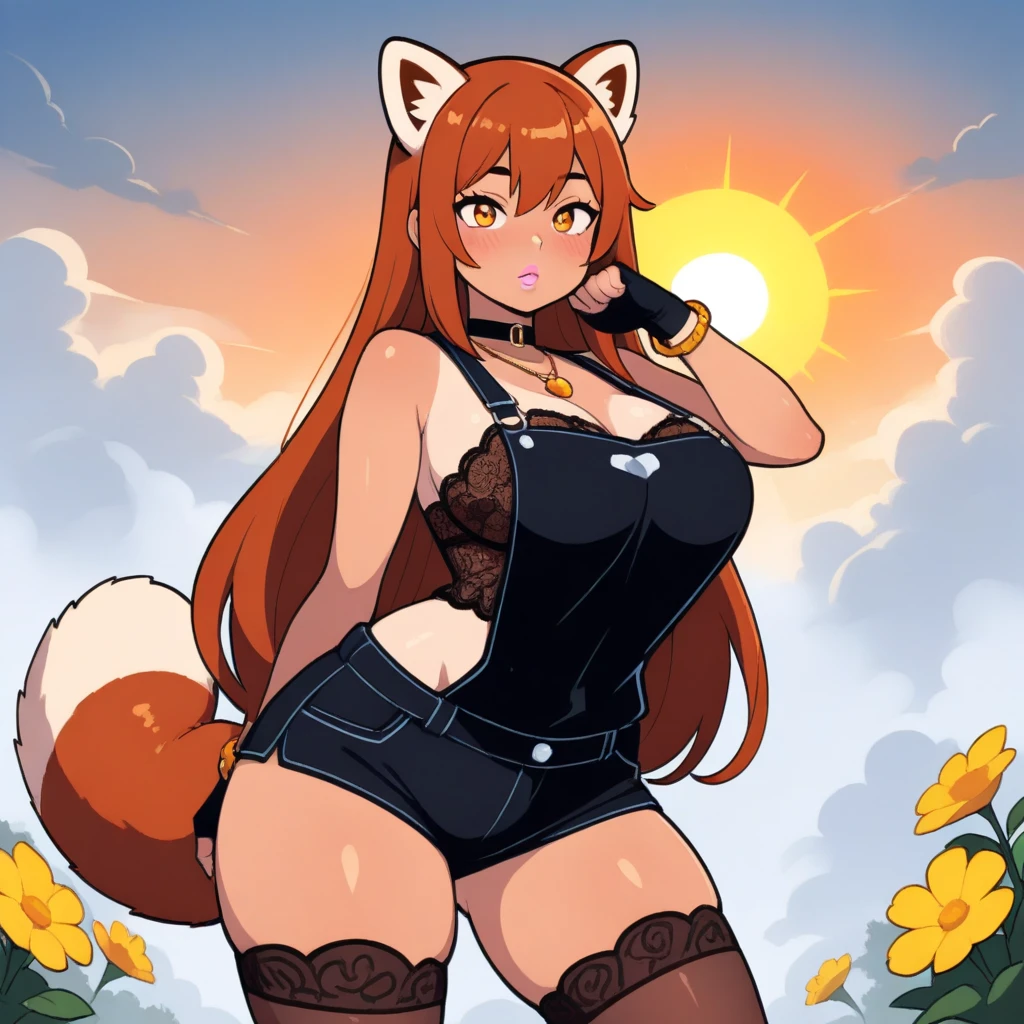 Kitsune, sexy pose, red hair, red tail, big breasts, red eyes, sly face, leather jacket, short skirt lifted up