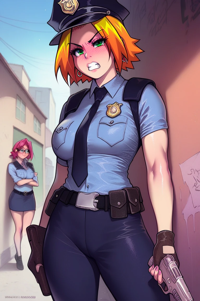 There is a woman in a police uniform, official, police official, (Yoshida Yuuko), sad police, Attire: cop, redhead woman, yoshida yuuko wearing a police uniform, high resolution commission, sheriff woman, Lois van Baarle y Rossdraws, bottomless, leotard blue, bare legs, sitting on a chair, (((his hands are behind his body)),((The whole body is tightly bound.)) in jail, tapegag,