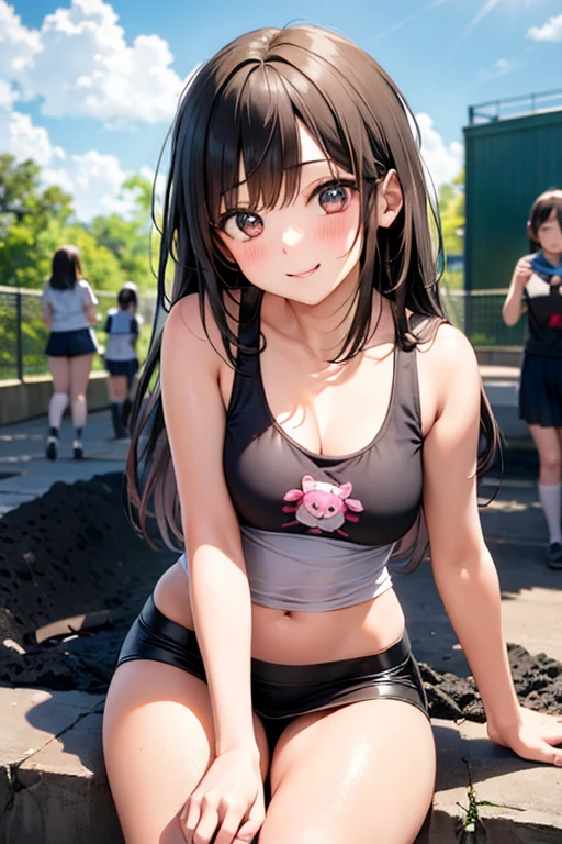 blush, cleavage,, red eyes, red fingerless gloves,glowing aura, natural light, masterpiece, glossy skin, juicy lips ,long hair, cute, kawaii, adorable, reaching up, adult, cuddle, kawaii clothes,random hair style, random clothes, black hair, (((pink streaks in hair))), yellow eyes, ((black hair)), snake, random pose, random background, random action, sexy, hot, nipple slip, full body, random expression