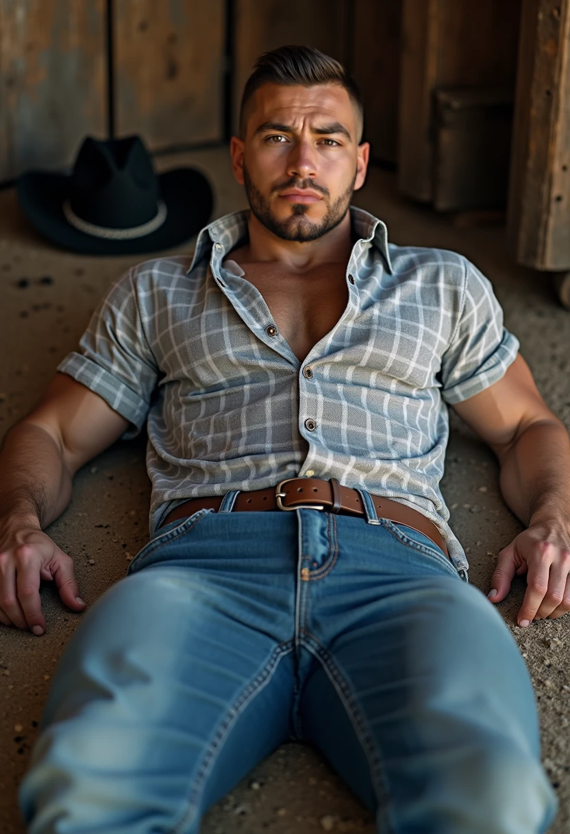 NSFW , ????? lonely man ,8k, high quality , detailed face , Detailed fingers ,detailed muscles, detailed ???? , Stephen Amell wearing a cowboy outfit , unbuttoned vintage pants, shirtless, showing balls and a hard ????, , wearing a stylish vintage cowboy hat , a vintage gun belt ,showing short dark blonde hair , thick facial hair , hard nipples, ,gallant and handsome, lying face up in hay in a stable , open legs , volumetric lighting, Stable Masterpiece Detail, Brandt