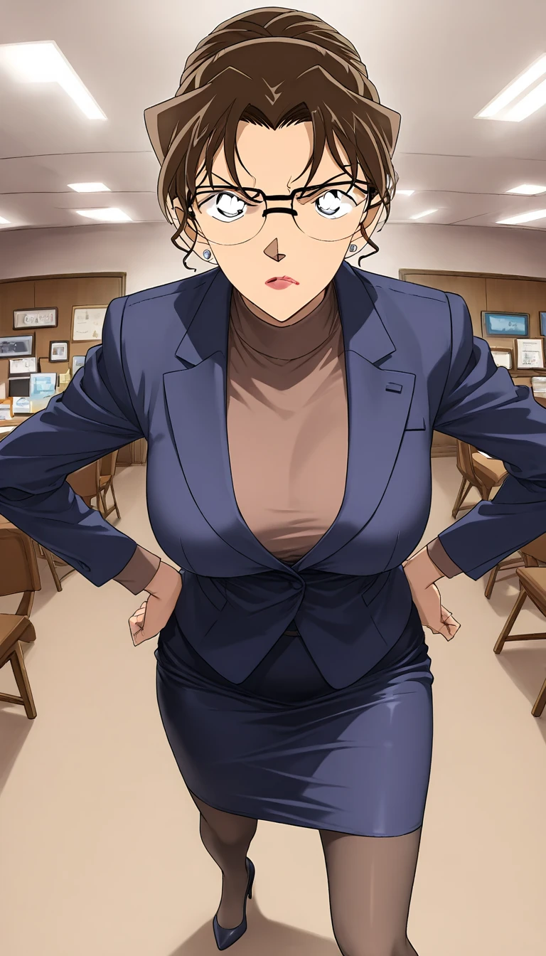 A cute woman (age 40, perm in hair, formal jacket, mini skirt, high heels, little make up, cleavage small but over exposed, folder, cell phone) is questioning a witness in a court room
