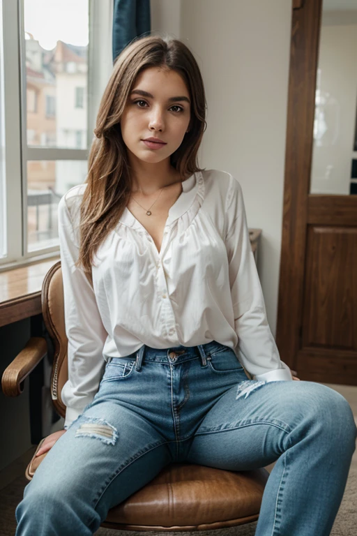 Indian woman sitting on a chair in a room with a white shirt, age 20, embroidered shirt, mid shot portrait, taken with canon 5d mk4, taken with sony a7r camera, shot on sony a 7 iii, shot with sony alpha 1 camera, taken with canon eos 5 d mark iv, white wrinkled shirt, taken with sony alpha 9, front portrait