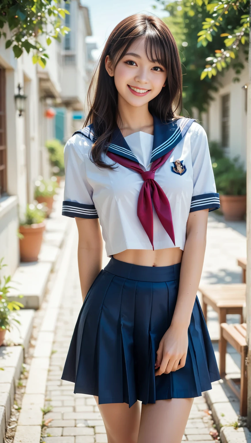 neat college girl, (school uniform, sailor uniform, ribbon tied at chest, summer uniform, upper body white, skirt is navy blue), outside the athletic field, (slim), photorealistic, detail, skin texture, ultra detail, delicate and sexy collarbone, smile, super detailed face, detailed lips, detailed eyes, double eyelids, small breasts, small breasts, small, flat breasts, breast emphasis