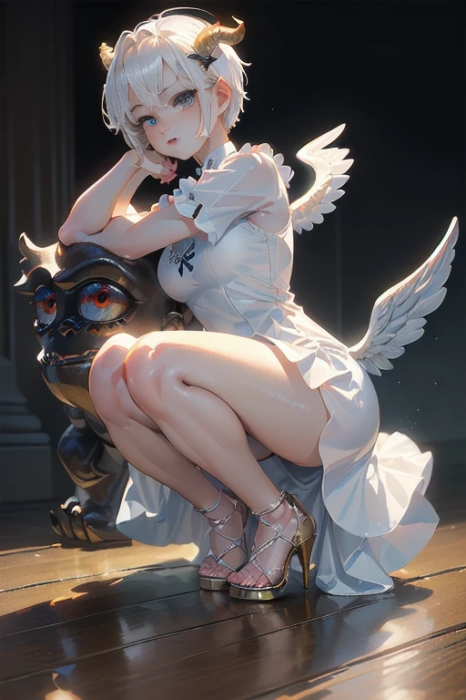 (hyper realisitc), (lamplight), (A high resolution), (8K), (The content is very detailed), (Best Best Illustration), (beautidful eyes), (Best quality at best), (ultra - detailed), (tmasterpiece), ( Wallpapers), (Detailed faces), 独奏,(dynamicposes),1 girl, in a school,White hair rings, heterochromatic eyes, Bigchest, legs long, ,(Camel toes),(White stockings transparent),(white see-through panties),The legs are stained with white liquid,spread their legs,Wear only transparent white underwear