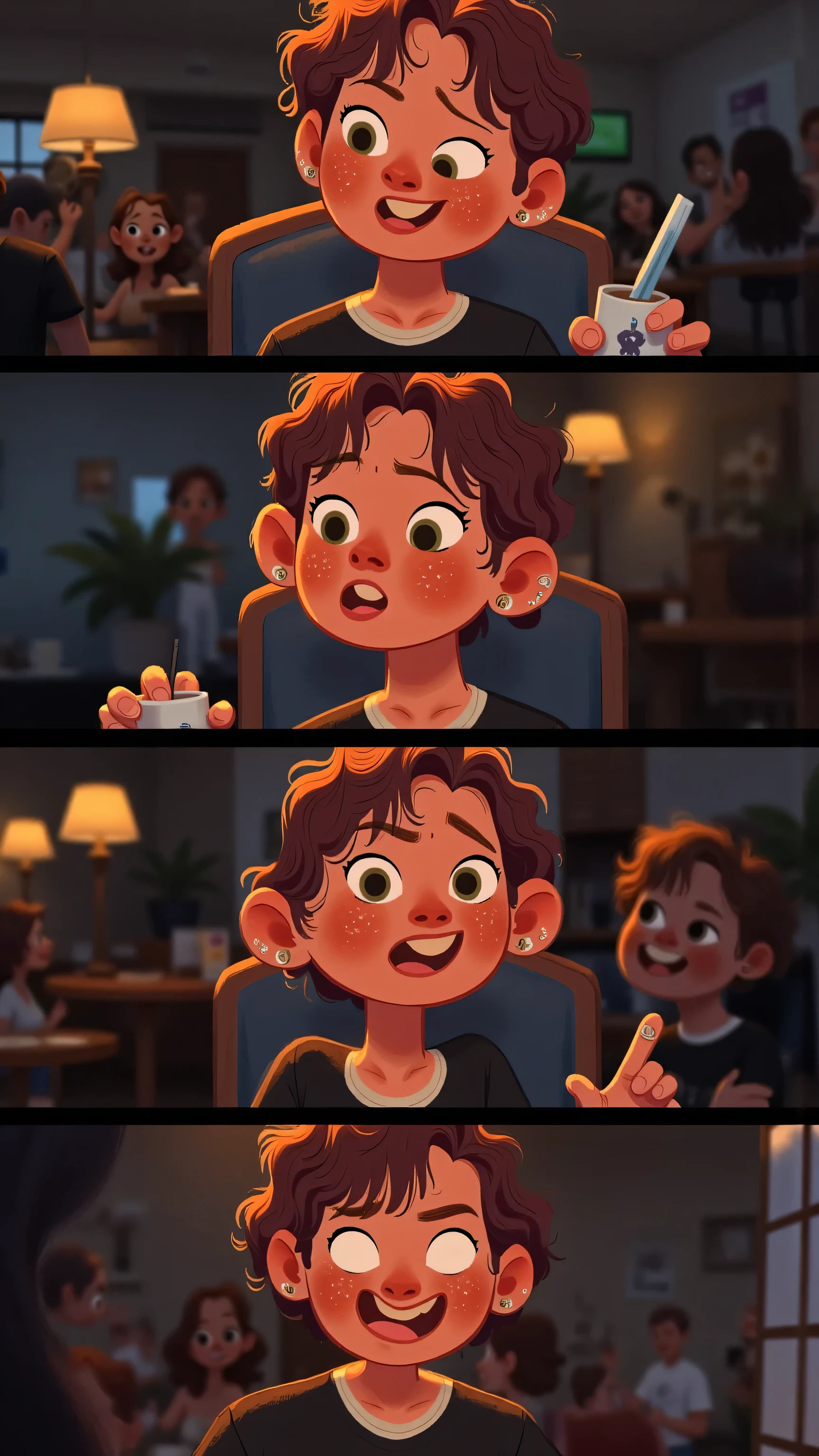 cafe scene montage; medium lens,Male protagonist(short black hair,green eyes,Black T-shirt)On the seat ,exaggerates、exaggerate or preach、expression is dismissive or even funny。In front of you is a large square table。color scheme is dark and mixed with highlights,delicate lines,illustration storyboard style。— focus on comparison,Emotional tension,fast-paced clip。