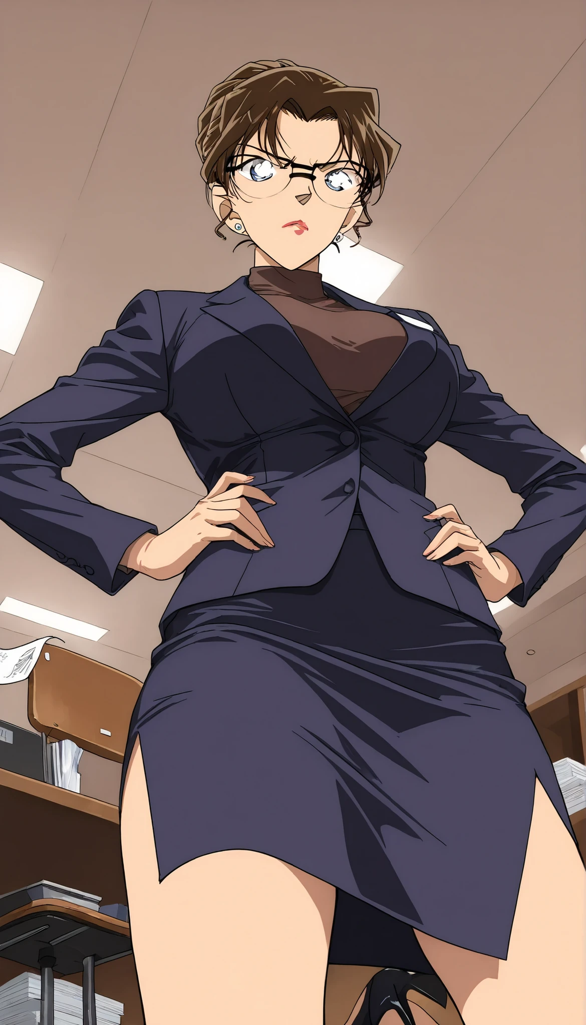 score_9, score_8_up, score_7_up,meitantei conan style,BREAK,1girl,solo,mature female,milf,lawyer,kisaki eri, glasses, hair bun, single hair bun, brown hair, earrings, jewelry, lipstick, breasts, large breasts, medium breasts,BREAK,closed clothes,(suit, tight Skirt),(black panties,thong, black garter belt,black garter hose:0.7),high heels,BREAK,angry,contemptuous,disdain,standing,open stance,hands  on hips,BREAK,indoor, reception room,cowboy shot,front view,below view,POV,BREAK,viewer sitting chair