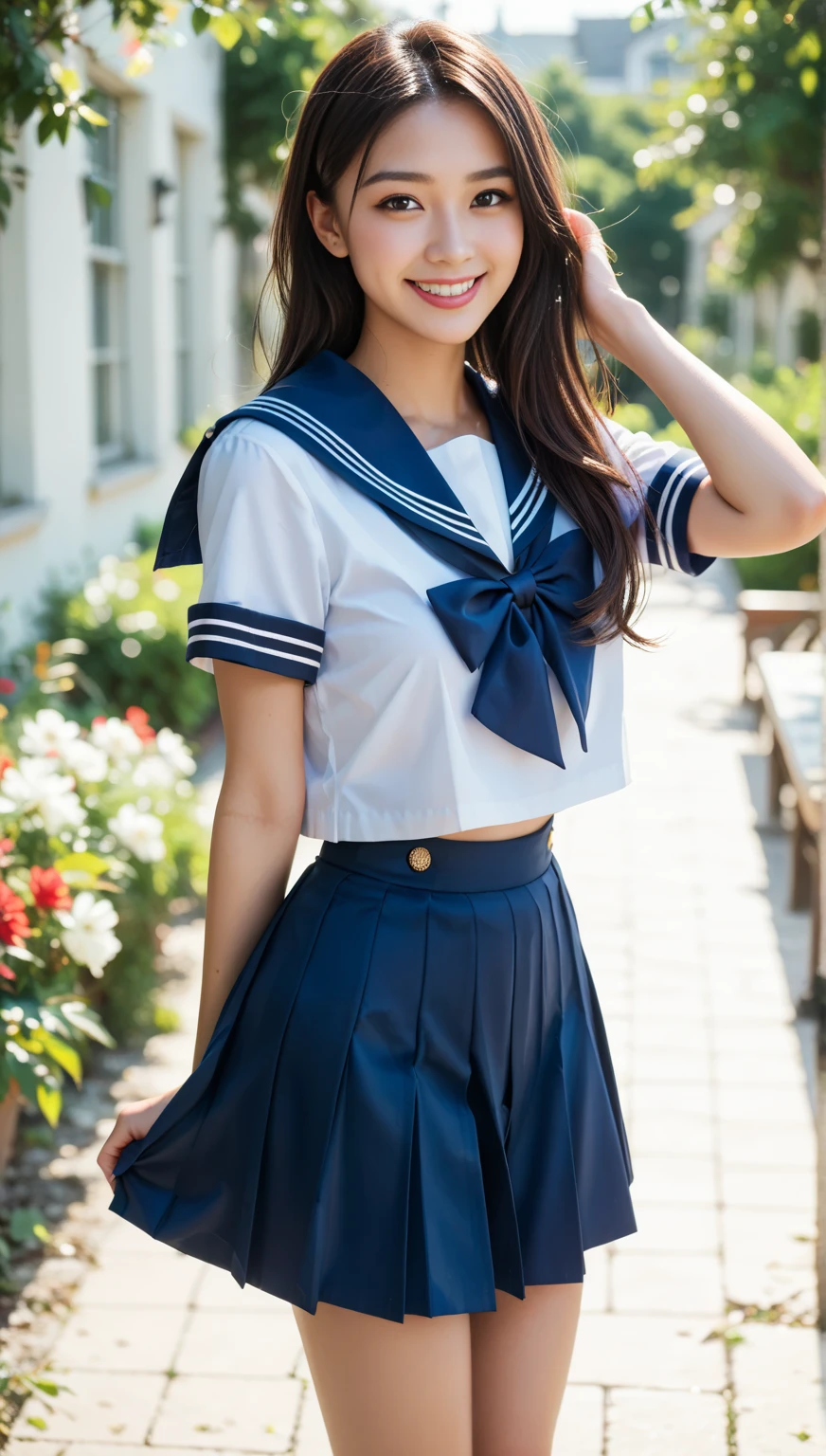 ((16k,super highest quality,Ultra-high resolution,masterpiece,Realistic,Realistic,Very detailed)),Young, adorable and cute 16 year old〜20 year old girl,Full body photo,Full body angle,Esbian all over,Baby Face,single eyelid,Long legs,Thin legs,Thin thighs,Beautiful hands and feet,chest,Cute smile,Adorable smile,nice smile,Rose garden in the background,Long Straight Hair,Iris,Black Hair,A lovely, beautiful and childlike Japanese girl,With a young body,Slim waist,((Cabin Attendant Uniform))