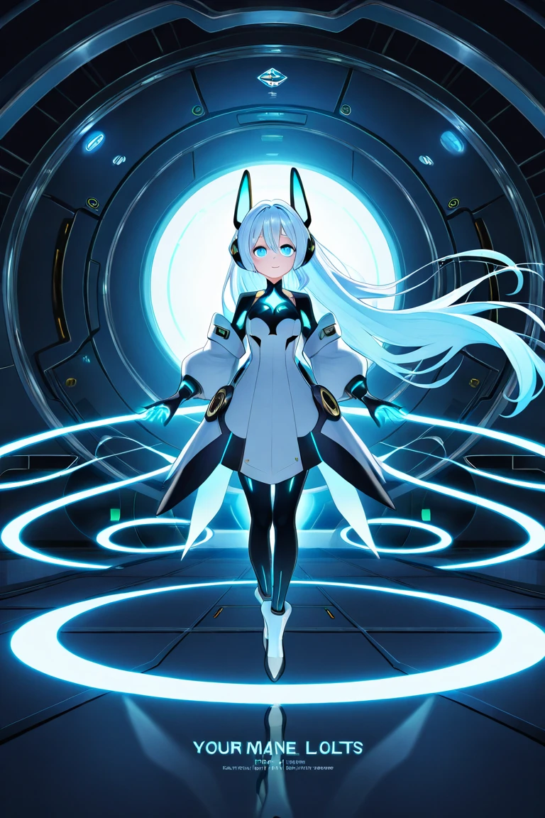 a robot with fox hologram ears and light blue hologram tail