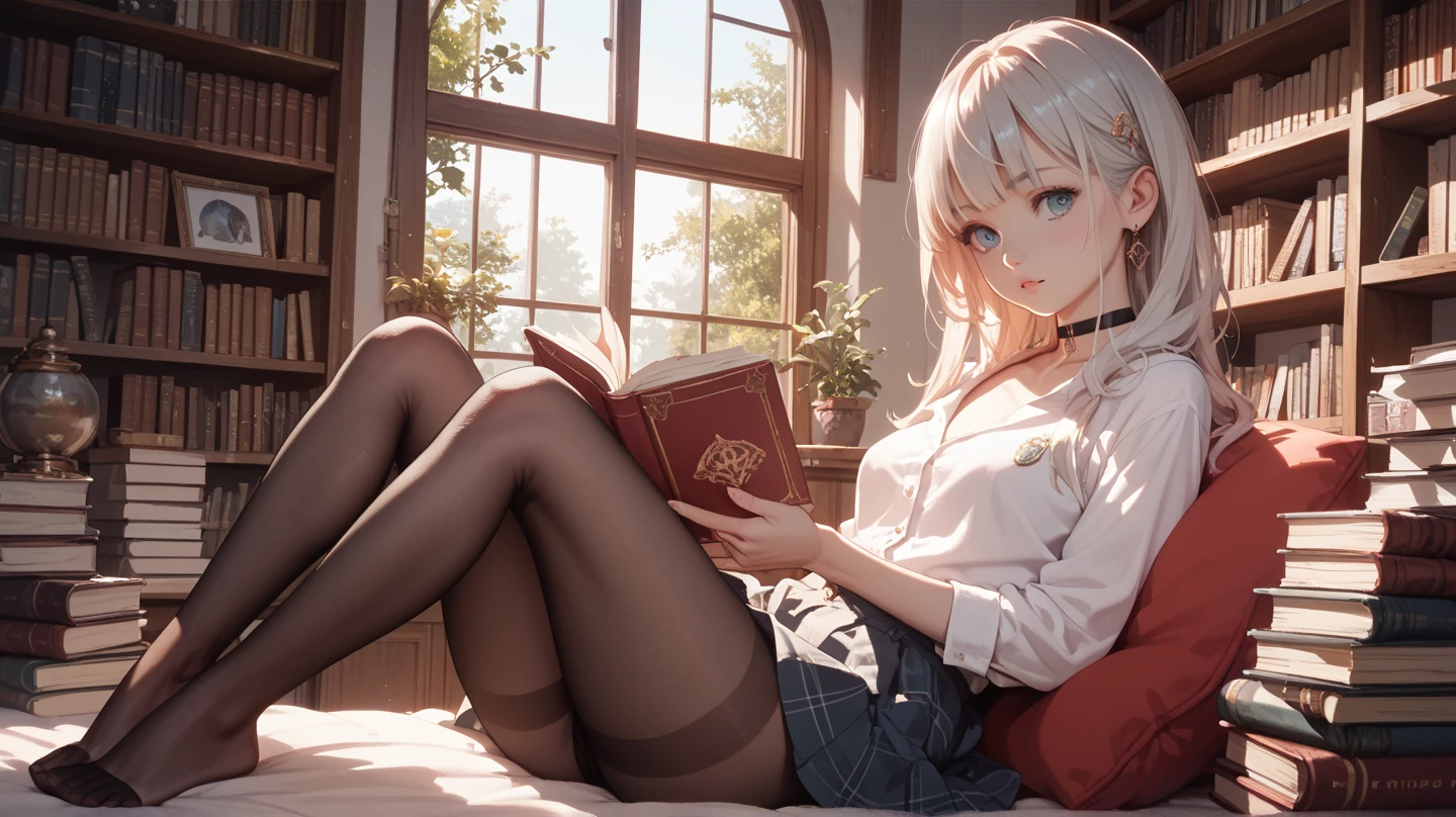 ((highest quality)), ((masterpiece)), (detailed), Perfect Face, perfect detailed eyes, perfect detailed face, ultra-detailed nose, Blonde Hair, Messy Hair, Hair above the eyes, Medium Hair, Pale skin, Forehead mark, Cinema Lighting, Chiaroscuro, mini skirt,Reading a book,whole body,Attractive legs
