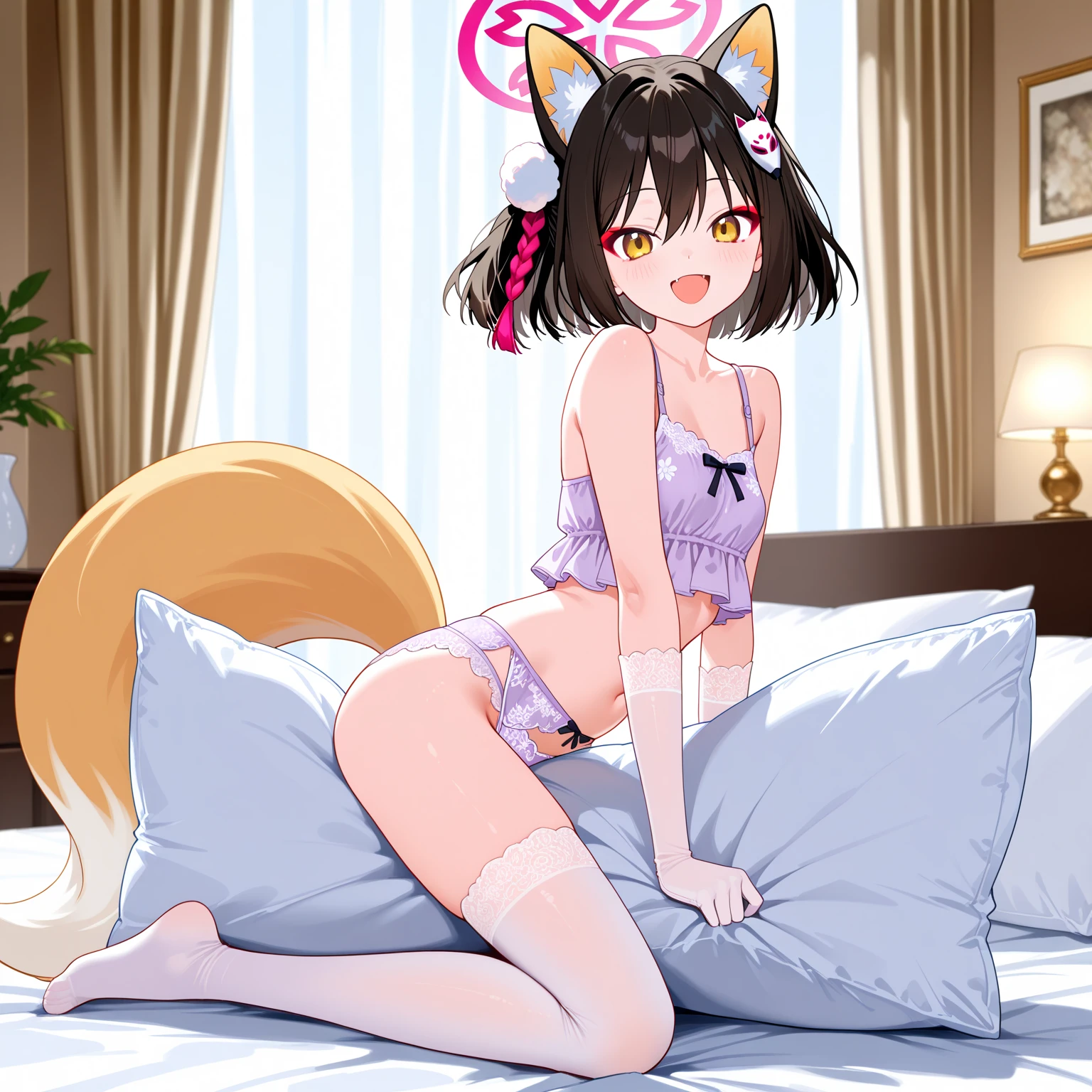 1 girl, nishino flower \(umamusume\), yellow lingerie, yellow panties, garterbelt with yellow stocking, laying top of bed, bedroom, wet, drenched, nipple perked out from under bikini, nipple see through bra, embarrassed,