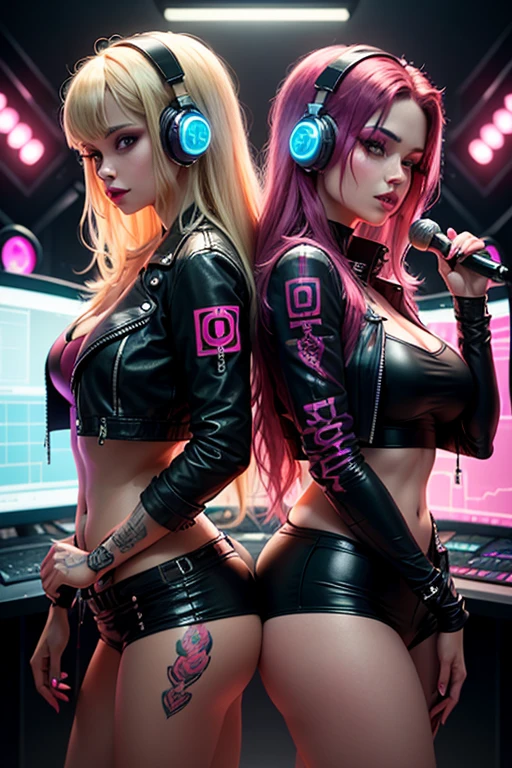 there are two women in lingerie posing for a picture, electronic bikini, metallic bikini, Music show, acting on stage, Honey Bird, Bella Thorne e Megan Fox, Karol behind uhd, dj set, Ayami Kojima e Lyde Caldwell, full scene shot, retrato sophie mudd, by Wayne England, dasha taran, offcial art