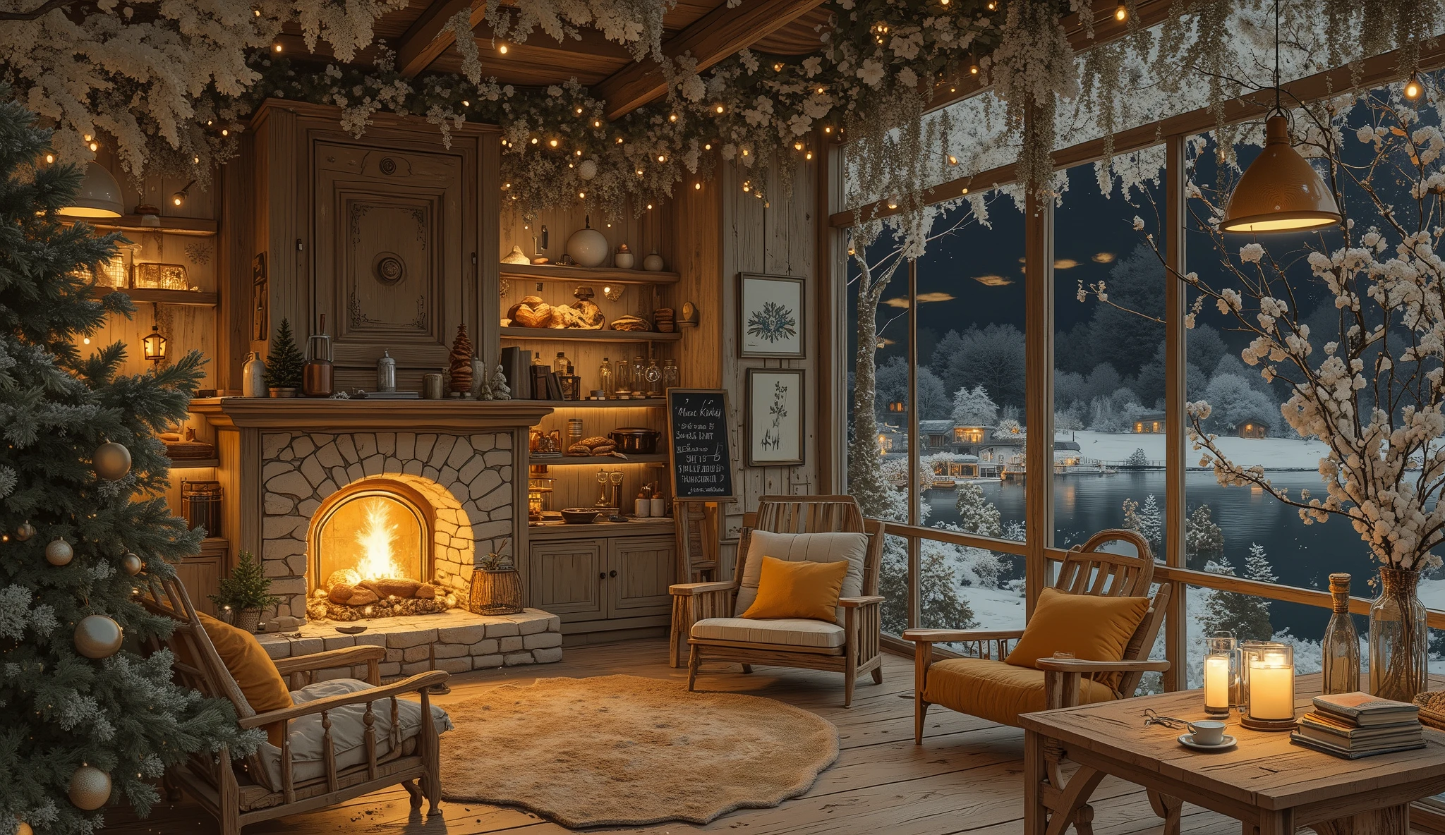 Cozy cabin with fireplace, không có cây Giáng sinhThe scene depicts a Cozy cabin with fireplace, without a rustic cafe Christmas tree, overlooking a beautiful Tranh sơn dầu và acrylic trên vải, một căn bếp của nhà bà ngoại vào ban đêm. Cảnh được dựng theo phong cách Ghibli, Tác phẩm sử dụng các màu sắc nhẹ nhàng và kết cấu sơn bằng tay để tạo ra một không khí thanh bình. Nó nắm bắt được tính thẩm mỹ của anime, kết hợp "nghệ thuật lo-fi" và những cảm hứng mùa hè với độ chi tiết cao và độ phân giải siêu cao để tạo ra một hình nền kiểu hoạt hình đẹp mắt. .
The interior has a wooden counter , on which a shiny metal coffee pot shines , symbolism of the art coffee floor and welcome . Under the counter , a glass display cabinet showcases fresh bread and pastries , man who fits the suit perfectly .
Beautiful rustic details, stone fireplace that fits snugly against the small brick wall and raw wood add a little extra special to the space.
Comfortable design wooden chairs arranged along the counter , ideal for a relaxing holiday . Back , a wooden shelf filled with bread and rustic bread brings order and touches , while a blackboard with the inscription " cafe" displays the prices of products attractively .
on the outside , được bao phủ bởi một lớp snow , creates a contrast with the warmth of the interior .
A wooden armchair with soft cushions arranged around a rustic coffee table , with a harmonious layout : a bottle reused as a tree vase , a cup of steamed coffee and a scented candle radiating accessories . Next to the characteristic gray color , a small sedge basket containing books and decorations , enriches the atmosphere .
The surrounding landscape is to enjoy the dark winter night sky , Earthy yellow light reflecting on the surface of the small lake . perfect for contemplation and meditation .Instagram viral cave living room with fireplace, coffees, Foods , cozy balcony. snow . without person