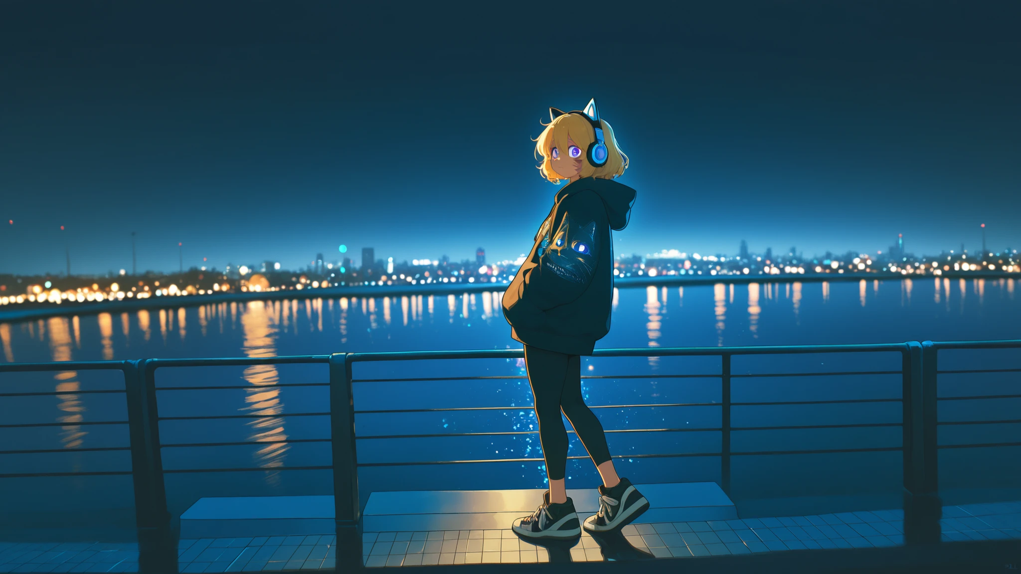 (zPDXL2) , (PonyXLV6_Scores) , source_furry, Expressiveh , full body shot , asymmetric image , BREAK Inhata4564 , Furry , female cat , cat facial features,athletic body ,lo-fi style,(solo:1.3), 1girl\(headphones, blonde\(long_sideburns\), cosmic_eyes, walking slowly, hesitant step, casual clothes, hoodie\(geek design print\), cute leggings,sneakers, conflicted expression (subtle), weary expression (slight), uncertain expression, thoughtful expression, melancholy, looking away, looking at water, looking at city view\). BREAK .background\(late night, midnight, dark sky,city, riverbank, (at promenade), waterfront,river, wide river, calm water, water reflections, city lights, distant skyline, streetlights, dim light, warm light, paved path, railing\). BREAK .soft lighting, atmospheric, peaceful, quiet, serene, nostalgic, relatable, beautiful scenery, feeling lost, sense of being adrift, ambivalent feelings, subtle loneliness, inner conflict (subtle). BREAK .masterpiece, best quality, very aesthetic, high resolution, ultra-detailed, absurdres, newest, scenery, depth of field, high score, great score,(fisheye_lens),close_up 1girl,(Multiple exposure)