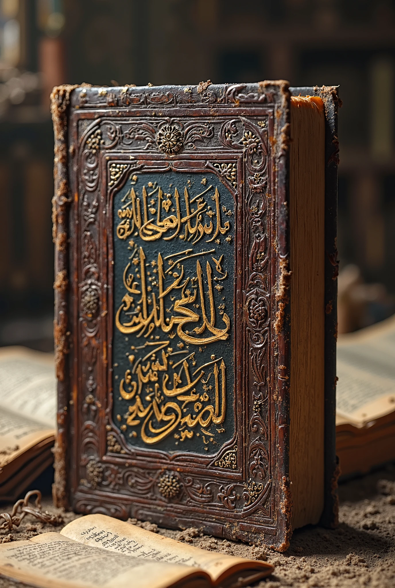 Create an image featuring three ancient and sacred texts: the Bible, the Quran, and the Kebra Nagast. The Bible should have a worn, leather-bound cover with a visible cross, the Quran should be adorned with intricate golden calligraphy and an ornate cover, and the Kebra Nagast should have an Ethiopian-inspired design with rich patterns and symbols. Arrange the books side by side on a wooden table, with soft, warm lighting casting gentle shadows, emphasizing the cultural and spiritual significance of each text.