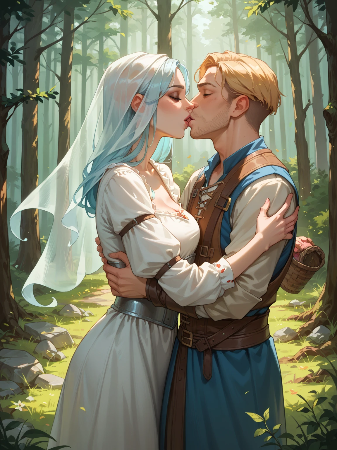 paiting of two young wild people sitting next to each other kissing in a the forest mountains,epic fantasy,fantasy art,brian froud,a fine art paiting,divine,high quality,hiperdetailed,sacred,beautymaximalism,girl have blonde hair,boy have brown hair