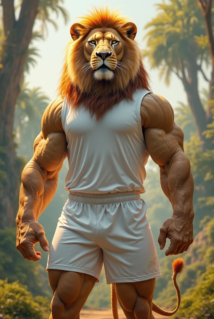 anthro, lion, (realistic fur, fur, realistic fur texture:1), three-quarter portrait, standing, adult, male, solo, muscular, veiny muscles, t-shirt, shorts, tail, detailed background, outdoor background, photorealistic, hyper realistic, ultra detailed,