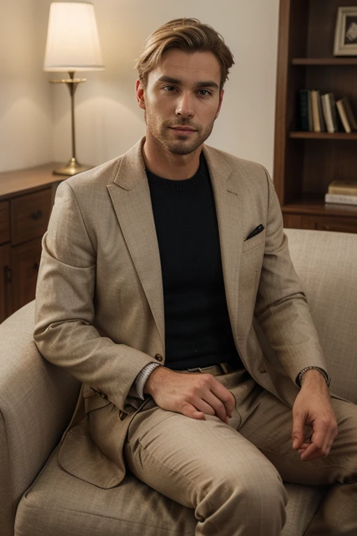 short blonde hair man, Delgado, with Russian features , sitting in an armchair listening to music, drinking whiskey