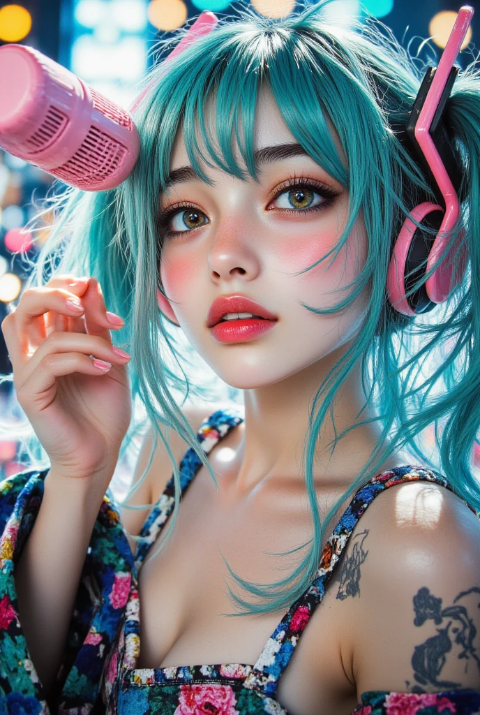 high quality, High resolution, masterpiece, completion, detailed.impressive, Cutting-edge female photography portraits, Showcasing a bold and daring street-art style. Facing forward、(Full of energy、Bright expression、looks fun)、cyan, and purple, Her vibrant makeup really catches the eye.. Her colorful hair is tied up high, The contrast with the modern chain top is striking., Blue and pink hues in harmony. , Blends seamlessly with the dynamic colors of your subject. This powerful combination of hyper-detailed realism and artistic expression creates a vivid, An unforgettable image. Tropical、Hawaii Background