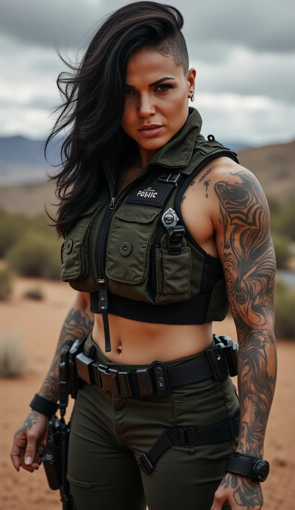 (best quality,4k,highres,masterpiece:1.2),ultra-detailed,(realistic,photorealistic,photo-realistic:1.37),sexy,attractive woman,large breasts,muscular athletic body,wearing denim shorts,showing off her muscles,fully tattooed body tactical vest 